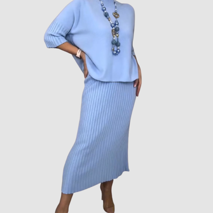 Delyssa™ Elegant 2-Piece Set | Relaxed Top and Ribbed Midi Skirt