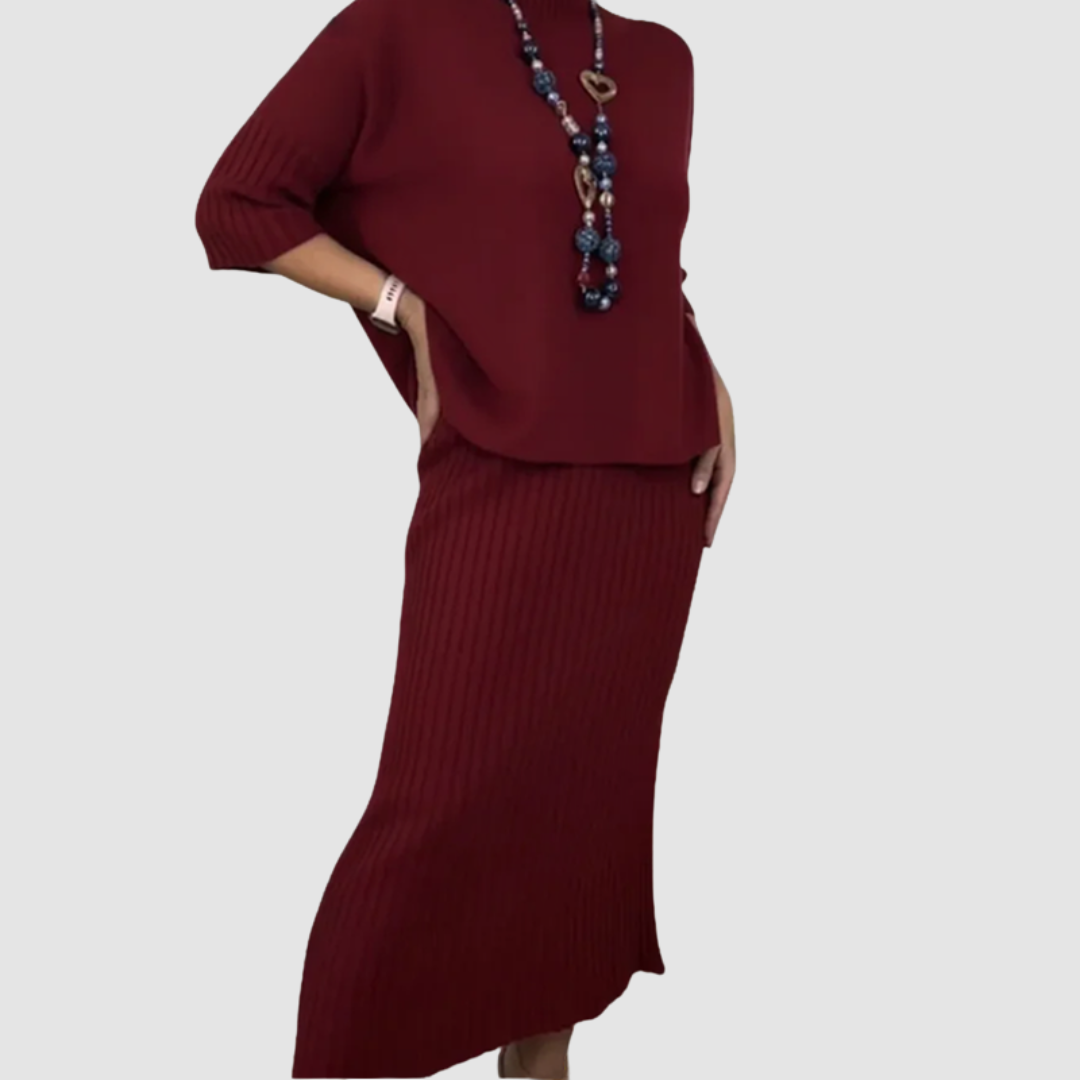 Delyssa™ Elegant 2-Piece Set | Relaxed Top and Ribbed Midi Skirt