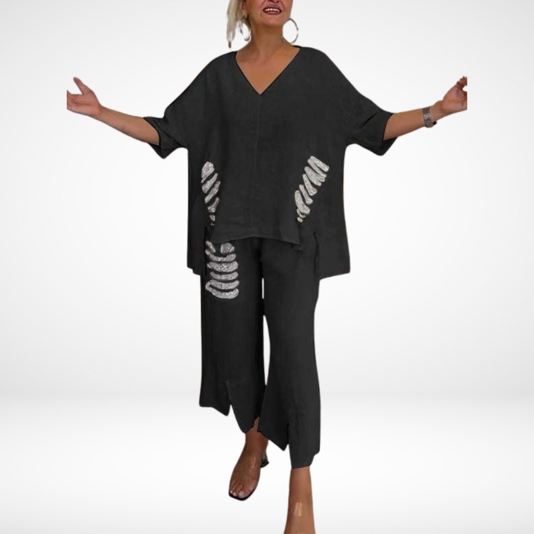 Briella™ Elegant Two-Piece Summer Set | V-Neck Top and Wide-Leg Pants