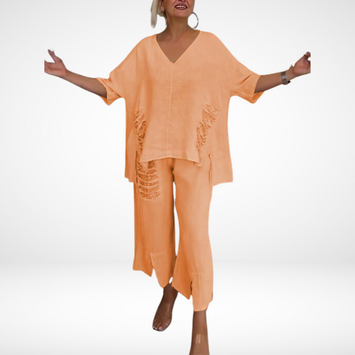 Briella™ Elegant Two-Piece Summer Set | V-Neck Top and Wide-Leg Pants