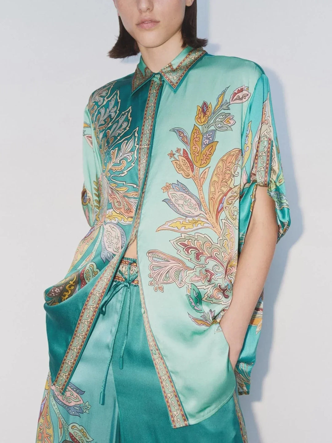 Eliza™ Elegant Two-Piece Set | Paisley-Print Shirt and Wide-Leg Pants